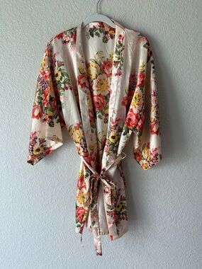 Floral Satin Bridal Robe One Size | Pink Ivory Kimono Robe Wedding Getting Ready